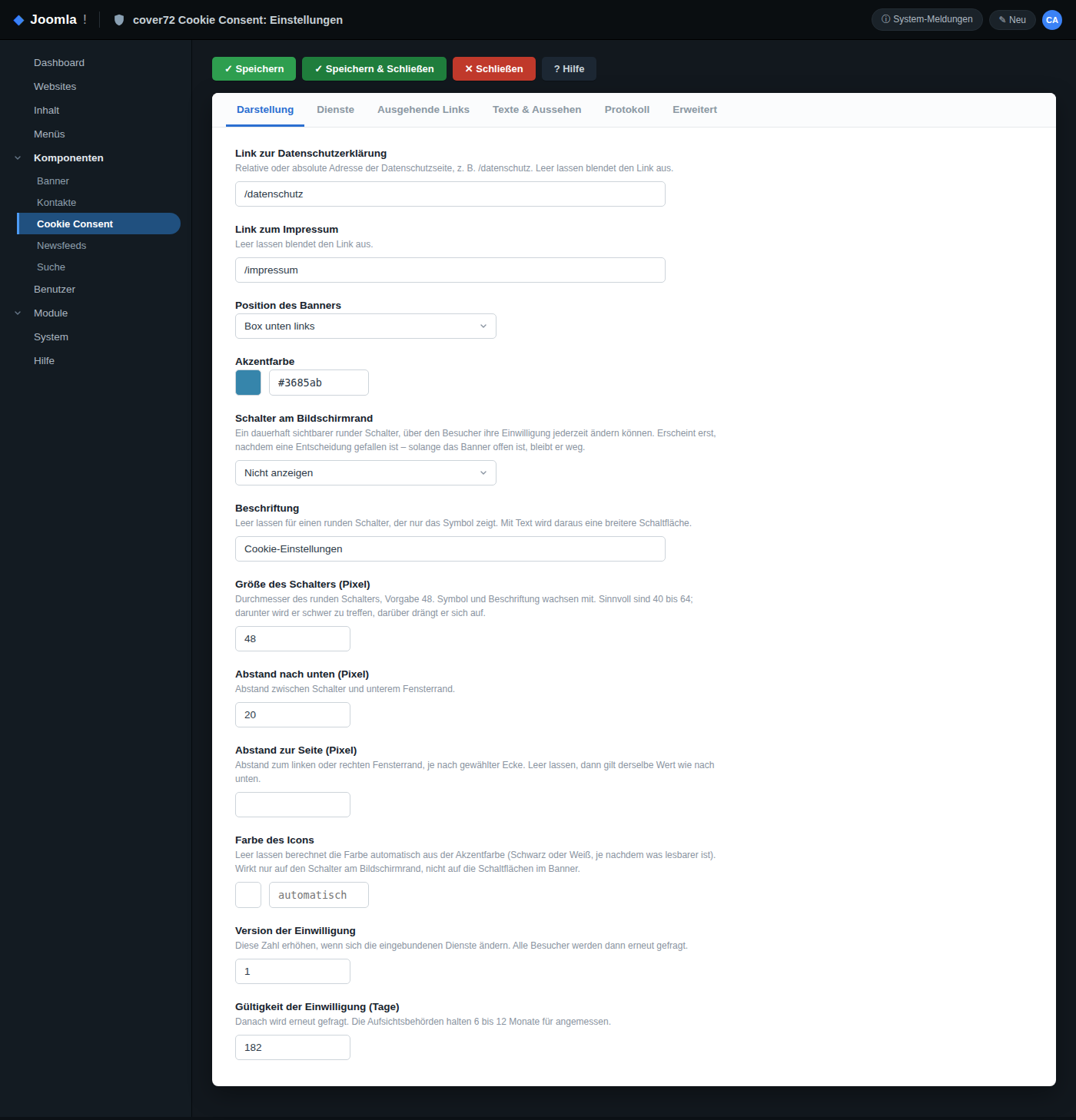 Adminbereich: Einstellungen von cover72 Cookie Consent (Joomla)