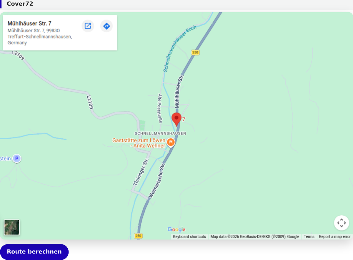 Google-Maps-Modul in Aktion: geladene Karte im Frontend von cover72.de
