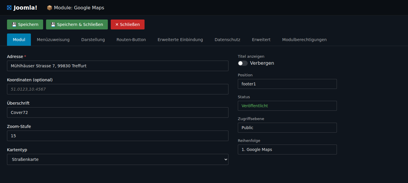 Adminbereich: Einstellungen des Google Maps-Moduls (Joomla)