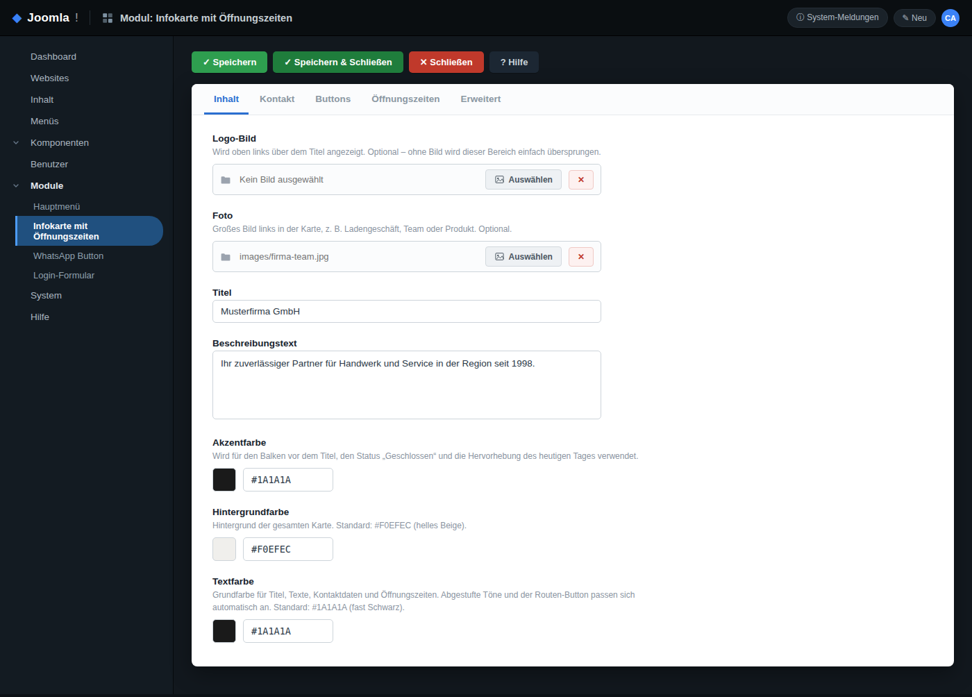 Adminbereich: Einstellungen des Infokarte-Moduls (Joomla)