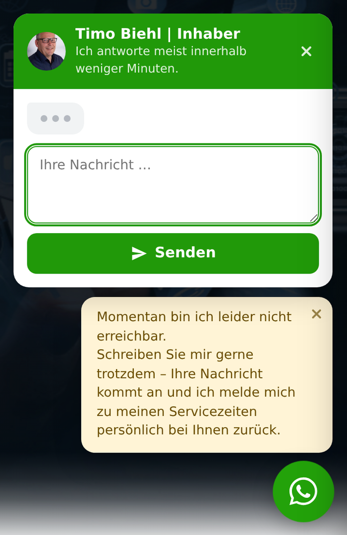 Chat-Button in Aktion: geoeffnetes WhatsApp-Popup im Frontend von cover72.de