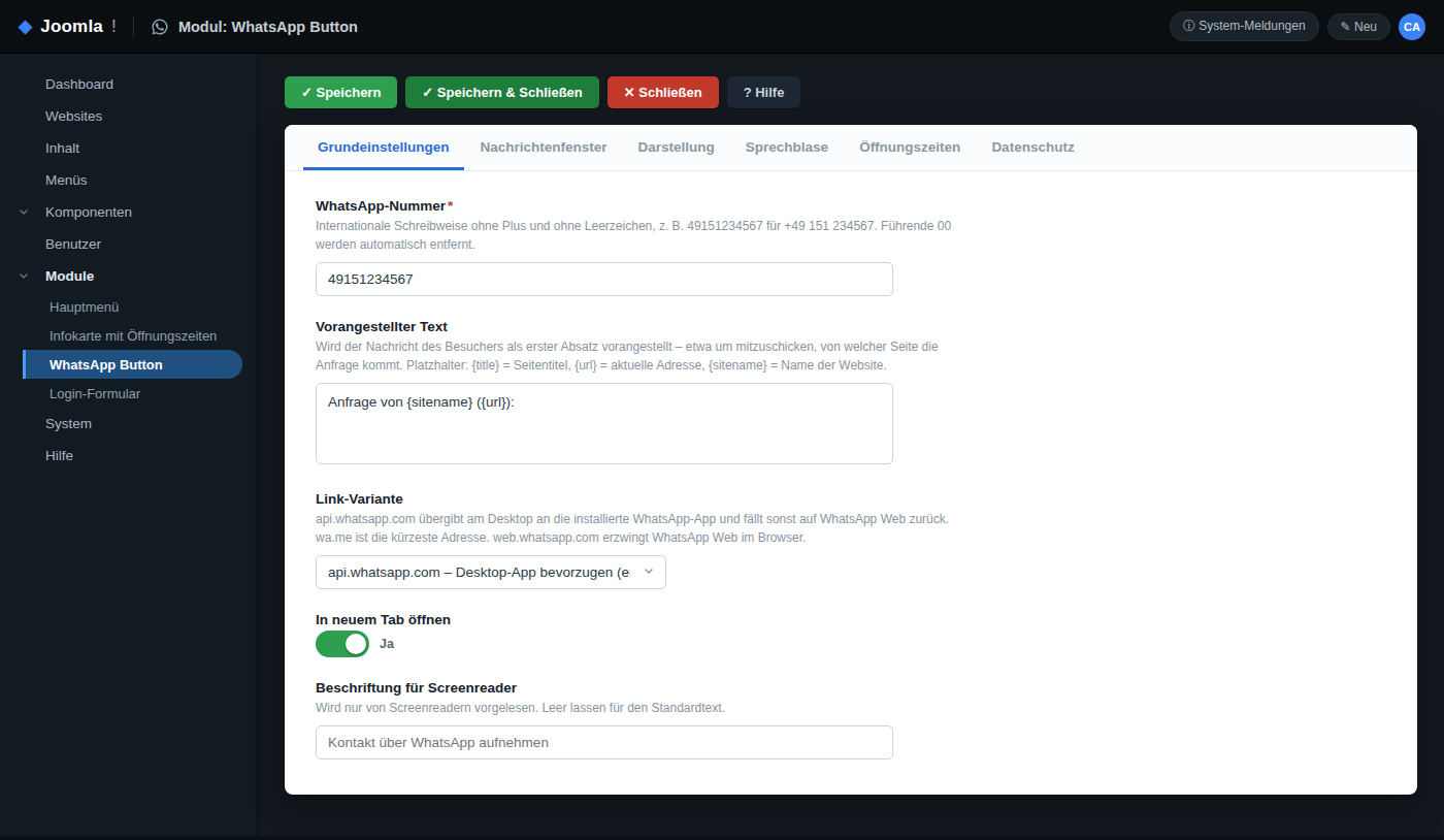 Adminbereich: Einstellungen des Chat-Button-Moduls (WhatsApp-kompatibel, Joomla)