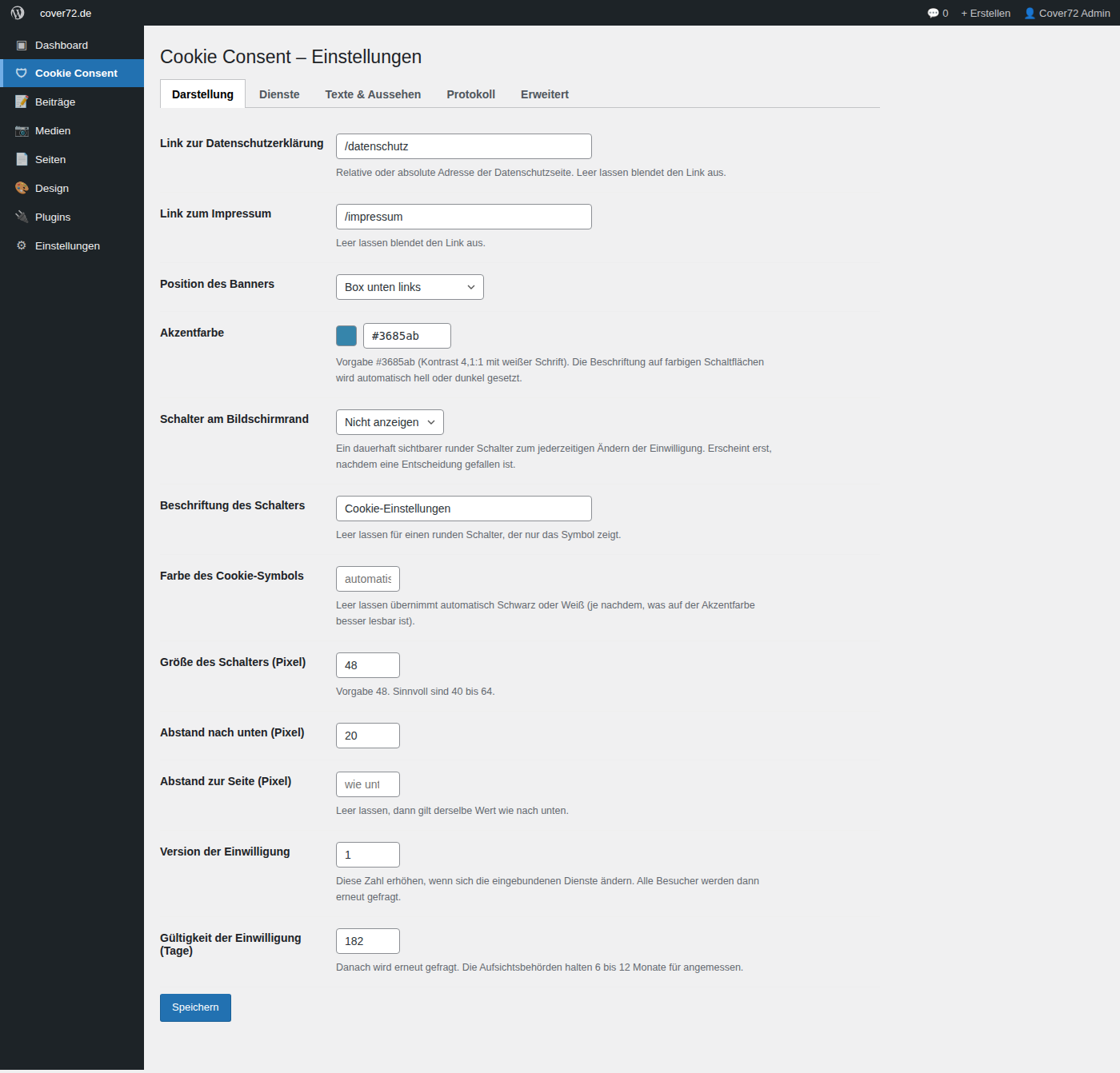 Adminbereich: Einstellungen von Cookie Consent (WordPress)