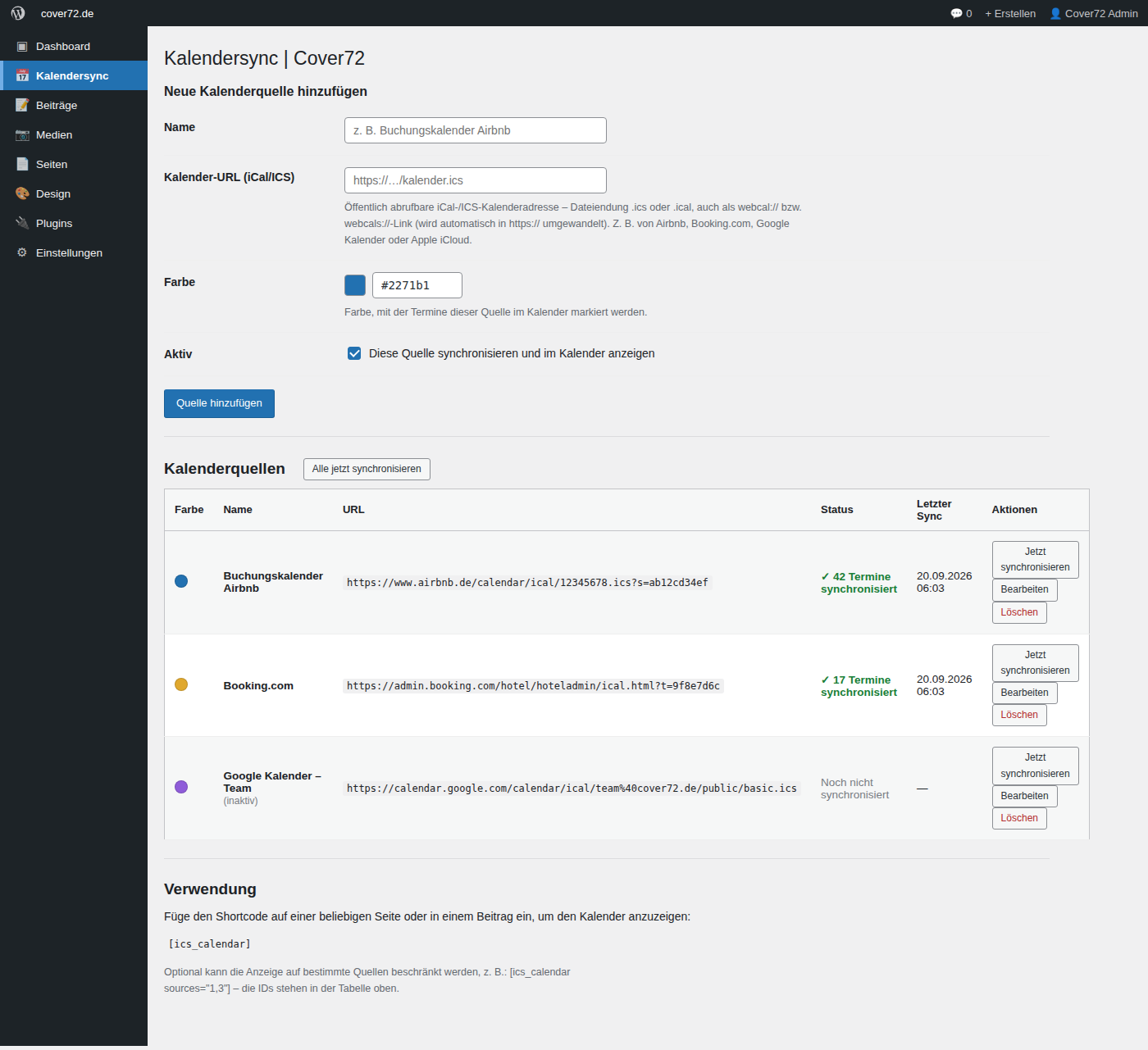 Adminbereich: Kalenderquellen von Kalendersync (WordPress)