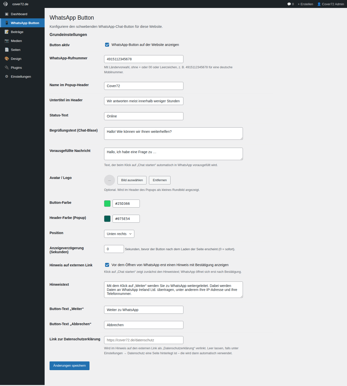Adminbereich: Einstellungen des Chat-Buttons (WhatsApp-kompatibel, WordPress)